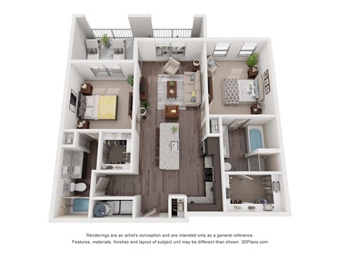 Floor plan for 2 beds, 2 baths, 999 sqft